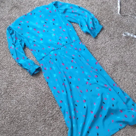 Awesome Retro 80s/90s Teal & Pink Brush Dot Collared Dress, Size 4/6 - Picture 6 of 9